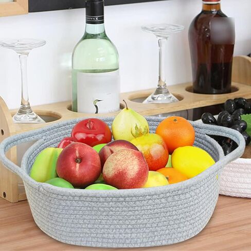 Storage Basket-13" x 8" x 5" Cute Small Woven Cotton Rope Basket for Dog Cat Toy Nursery Diaper Organizer Baby Gift Empty Decorative Boho Wicker Soft Box Bin Easter Basket w/Handles (Grey, 1pc) in Saudi Arabia