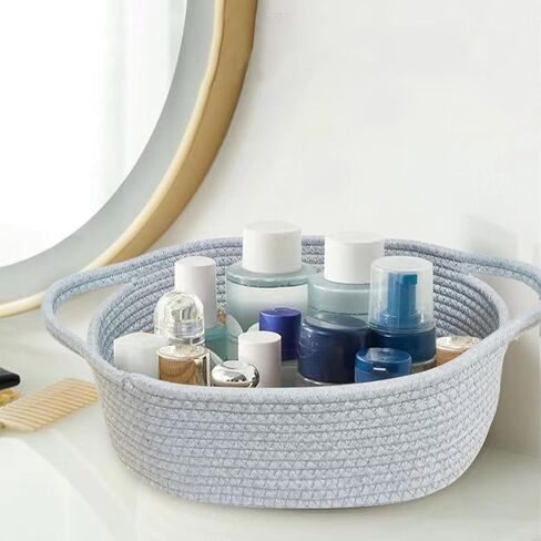 Storage Basket-13" x 8" x 5" Cute Small Woven Cotton Rope Basket for Dog Cat Toy Nursery Diaper Organizer Baby Gift Empty Decorative Boho Wicker Soft Box Bin Easter Basket w/Handles (Grey, 1pc) in Saudi Arabia
