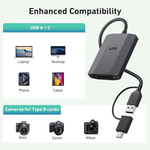 قارئ بطاقات uni 10 جيجابت في الثانية CFexpress من النوع B مع USB 3.2 Gen2، ومحول بطاقة USB A/USB C نوع B CF Express، وقارئ بطاقات CFexpress من الألومنيوم من النوع B متوافق مع MacBook وChromebook وAndroid Galaxy وDell in Kuwait