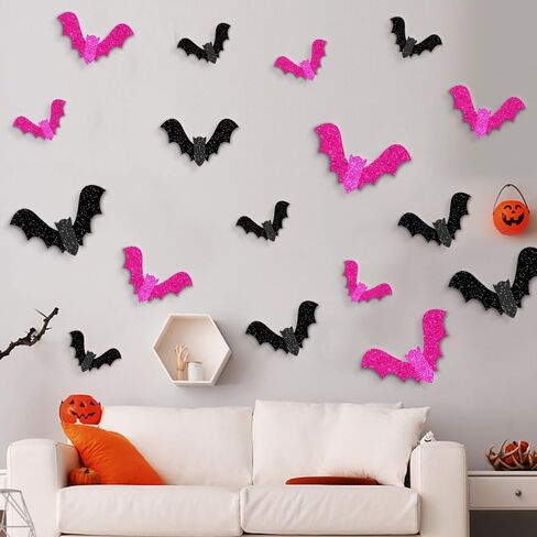18pcs Halloween Bats Wall Decor,3 Size 3D Glitter Halloween Bats Stickers for Halloween Party Indoor Home Kitchen Bedroom Bathroom Decorations in Saudi Arabia