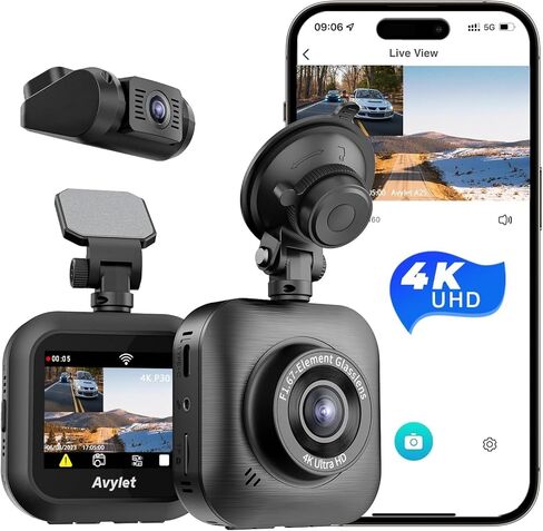 كاميرا Dash Cam أمامية وخلفية، كاميرا Avylet 4K/1080P Wi-Fi Dash للسيارات مع التطبيق، كاميرا Dashcam مزدوجة، شاشة IPS مقاس 2 بوصة، رؤية ليلية فائقة، WDR، وضع ركن السيارة 24 ساعة، زاوية واسعة 170 درجة، مستشعر G، حلقة تسجيل in Kuwait