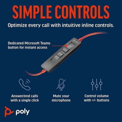 Poly Blackwire 3310 Wired Headset (Plantronics) – Flexible Microphone Boom – Monaural Design - Connect to PC/Mac via USB-C or USB-A - Certified for Microsoft Teams - Amazon Exclusive in Saudi Arabia