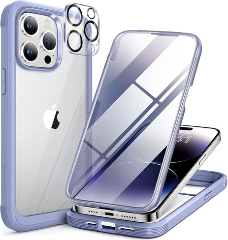 سلسلة Miracase الزجاجية مصممة لهاتف iPhone 14 Pro Max مقاس 6.7 بوصة، 2023 حافظة ممتصة للصدمات لكامل الجسم مع واقي شاشة زجاجي مقوى مدمج 9H مع واقي عدسة الكاميرا، رمادي لافندر in Saudi Arabia