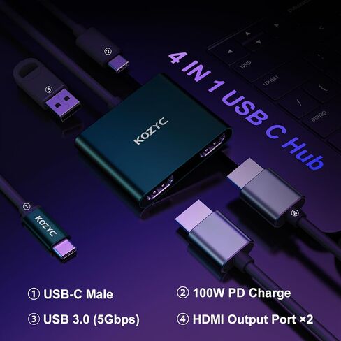 USB C to Dual HDMI Adapter 4K@30Hz, USB C Hub Multiport Adapter with 2xHDMI, USB 3.0, 100W PD, Support USB C to HDMI Splitter Extended Display (MST Only Support Windows), Green in Saudi Arabia