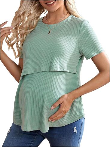 MakeMeChic Women's Maternity Tops Round Neck Short Sleeve Knitted Breastfeeding T Shirt in Kuwait