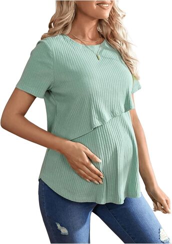 MakeMeChic Women's Maternity Tops Round Neck Short Sleeve Knitted Breastfeeding T Shirt in Kuwait