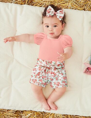 KANGKANG Baby Girl Clothes Short Sleeve Romper Top + Shorts + Bow Headband Infant Summer Outfits Set in Saudi Arabia