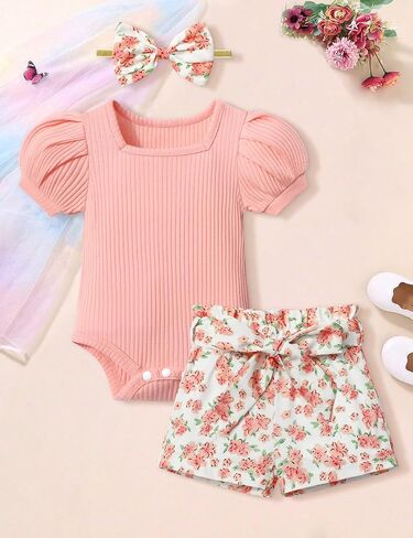 KANGKANG Baby Girl Clothes Short Sleeve Romper Top + Shorts + Bow Headband Infant Summer Outfits Set in Saudi Arabia
