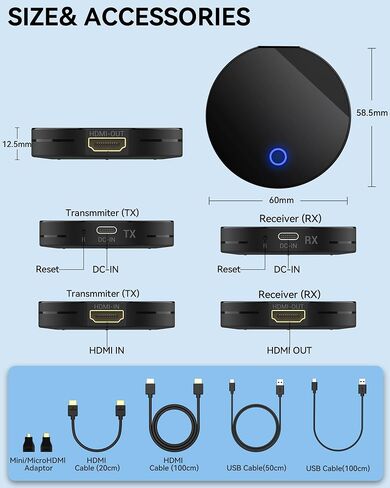 جهاز إرسال واستقبال HDMI لاسلكي، مجموعة موسع HDMI لاسلكية صغيرة محمولة بطول 30 مترًا/100 قدم لبث الفيديو/الصوت إلى الشاشة من الكمبيوتر المحمول، والكاميرا، وصندوق الكابل، ونيتفليكس، ويوتيوب in Kuwait