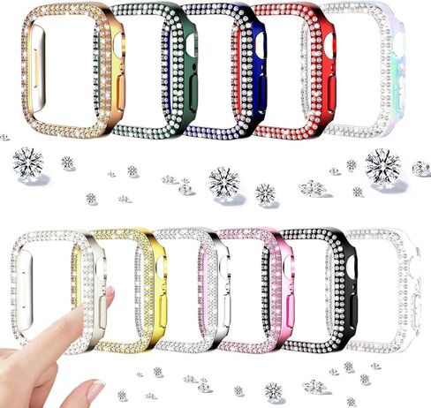 حافظات مكونة من عبوتين متوافقة مع iWatch Ultra/Ultra 2 مقاس 49 مم، غطاء واقٍ من الألماس مرصع بحجر الراين مكون من صفين بديل لساعة Apple Watch Series 9/8 Ultra (49 مم، ذهبي + شفاف) in Kuwait