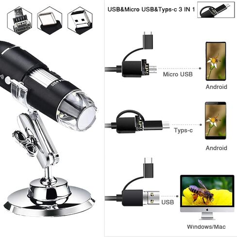 50X-1600X USB Digital Microscope,XFF 2 in 1 8 LED Handheld Magnification Endoscope Camera with Carrying Case & Metal Stand, Compatible for Android Windows 7/8/10 Linux Mac in Saudi Arabia