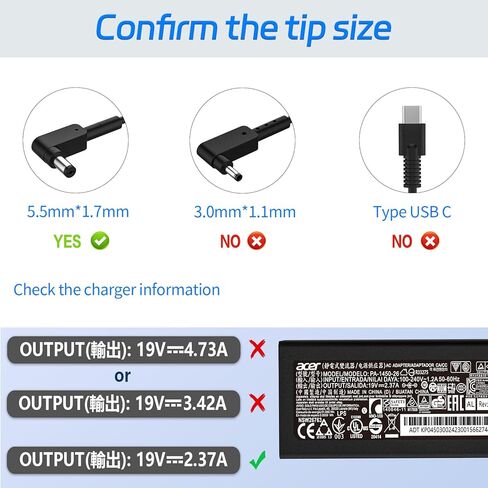 45W Laptop AC Adapter for Acer Aspire 3 ES1-111 ES1-131 ES1-311 ES1-331 ES1-411 ES1-421 ES1-431 ES1-512 ES1-521 ES1-531 E3-111 E3-112 E5-411 Power Charger 19V 2.37A 5.5 * 1.7mm in Kuwait