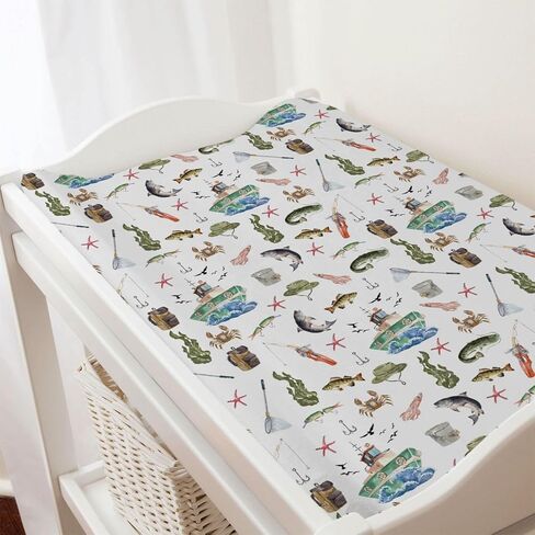 Watercolor Ocean Boat Fishing Baby Changing Pad Cover for Boy Girl 32''x16'' Fishing Lovers Gift Unisex Fitted Diaper Change Table Sheets Sea Marine Fishing Soft Breathable Nursery Changing Table Mat in Saudi Arabia