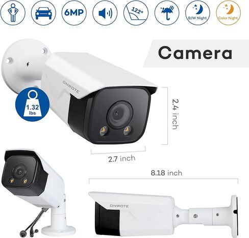 ONWOTE رؤية ليلية ذكية ملونة، نظام كاميرا أمان سلكي 4K NVR PoE، اكتشاف المركبات البشرية بالذكاء الاصطناعي، (4) 6 ميجابكسل 122 درجة زاوية واسعة كاميرات IP خارجية، 8 قنوات 8 ميجابكسل NVR 2 تيرابايت، مراقبة منزلية CCTV in Kuwait