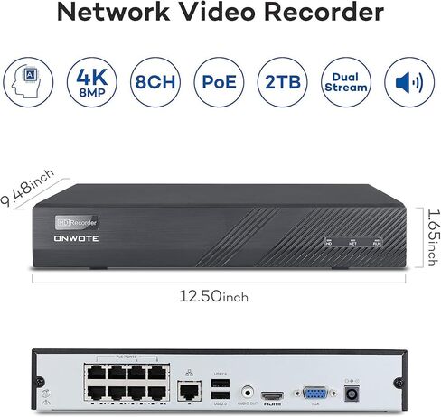 ONWOTE رؤية ليلية ذكية ملونة، نظام كاميرا أمان سلكي 4K NVR PoE، اكتشاف المركبات البشرية بالذكاء الاصطناعي، (4) 6 ميجابكسل 122 درجة زاوية واسعة كاميرات IP خارجية، 8 قنوات 8 ميجابكسل NVR 2 تيرابايت، مراقبة منزلية CCTV in Kuwait