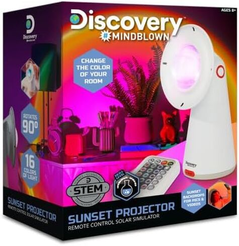 Discovery™ #Mindblown جهاز عرض غروب الشمس بالطاقة الشمسية، مصباح محاكاة للطاقة الشمسية داخلي، 16 لونًا وجهاز تحكم عن بعد، إمالة رأسية، 4 أوضاع إضاءة، خلفية ديناميكية وملونة، ديكور منزلي جمالي لغرفة النوم in Kuwait