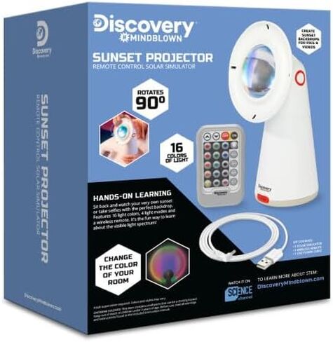 Discovery™ #Mindblown جهاز عرض غروب الشمس بالطاقة الشمسية، مصباح محاكاة للطاقة الشمسية داخلي، 16 لونًا وجهاز تحكم عن بعد، إمالة رأسية، 4 أوضاع إضاءة، خلفية ديناميكية وملونة، ديكور منزلي جمالي لغرفة النوم in Kuwait