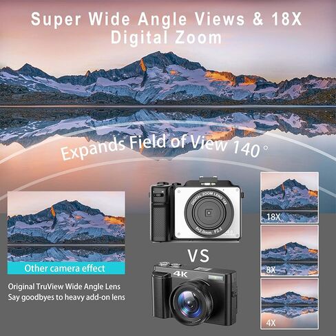 Digital Camera for Photography, 4K Vlog Camera with 4 Changeable Colors, Dual Cam Front and Rear, 7 Color Filters, 140°Wide Angle, 18X Zoom, 64G TF Card & Hand Strap, V01 in Saudi Arabia