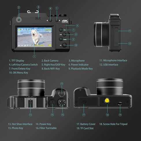 Digital Camera for Photography, 4K Vlog Camera with 4 Changeable Colors, Dual Cam Front and Rear, 7 Color Filters, 140°Wide Angle, 18X Zoom, 64G TF Card & Hand Strap, V01 in Saudi Arabia