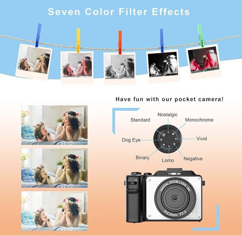 Digital Camera for Photography, 4K Vlog Camera with 4 Changeable Colors, Dual Cam Front and Rear, 7 Color Filters, 140°Wide Angle, 18X Zoom, 64G TF Card & Hand Strap, V01 in Saudi Arabia