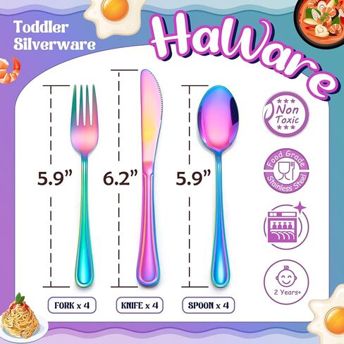 HaWare 12-Piece Kids Silverware, Stainless Steel Toddler Utensils Flatware Set, Preschooler Eating Utensils Includes 4 Spoons 4 Forks 4 Knives, Metal Children Cutlery for Home School, Mirror Finished in Saudi Arabia