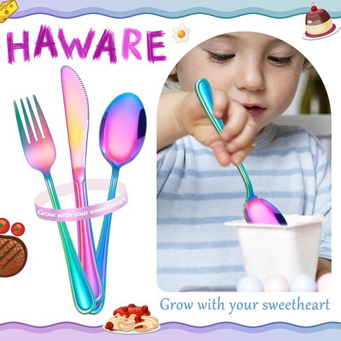 HaWare 12-Piece Kids Silverware, Stainless Steel Toddler Utensils Flatware Set, Preschooler Eating Utensils Includes 4 Spoons 4 Forks 4 Knives, Metal Children Cutlery for Home School, Mirror Finished in Saudi Arabia