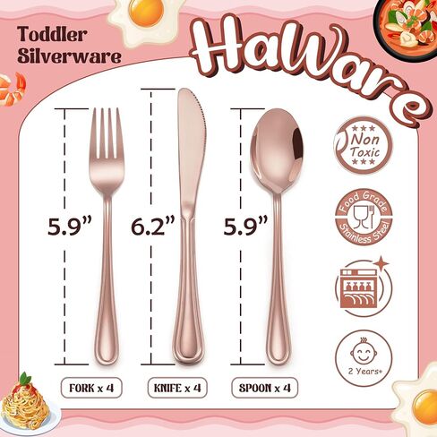HaWare 12-Piece Kids Silverware, Stainless Steel Toddler Utensils Flatware Set, Preschooler Eating Utensils Includes 4 Spoons 4 Forks 4 Knives, Metal Children Cutlery for Home School, Mirror Finished in Saudi Arabia