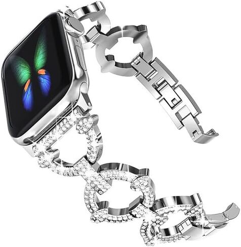 حزام معدني متوافق مع الأربطة للنساء Ultra iWatch Series 9 8 7 6 5 4 3 2 1 Se｜44mm 40mm 45mm 41mm 49mm 42mm 38mm حزام بلينغ للرجال باللون الفضي in Kuwait