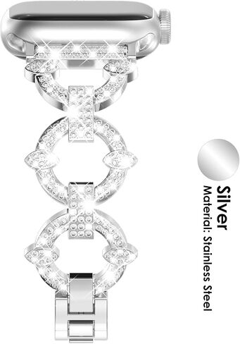 حزام معدني متوافق مع الأربطة للنساء Ultra iWatch Series 9 8 7 6 5 4 3 2 1 Se｜44mm 40mm 45mm 41mm 49mm 42mm 38mm حزام بلينغ للرجال باللون الفضي in Kuwait