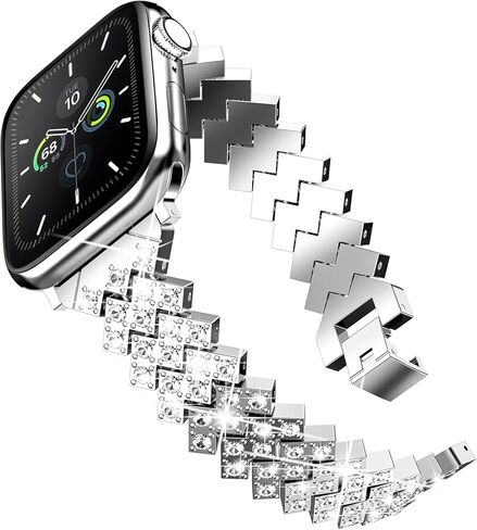 حزام معدني متوافق مع الأربطة للنساء Ultra iWatch Series 9 8 7 6 5 4 3 2 1 Se｜44mm 40mm 45mm 41mm 49mm 42mm 38mm حزام بلينغ للرجال باللون الفضي in Kuwait