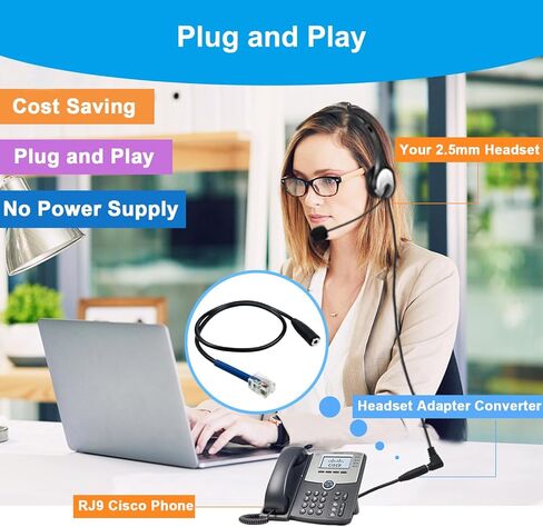 محول سماعة رأس لسماعة رأس 2.5 مم، مقبس أنثى 2.5 مم إلى كابل توصيل ذكر RJ9 محول هاتف متوافق مع هواتف Cisco IP 6945 7940 7942 7945 7960 7962 7965 7811 7821 7841 8811 8841 8845 8851 in Kuwait