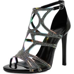 Zamikoo Women's Heeled Sandals, Open Toe Woman Sandals Rhinestone, Cutout Strappy Gladiator Heels, Sparkly Stiletto Heels Pumps Shoes for Dress Party Evening 4 Inch Patent Black US Size 7.5