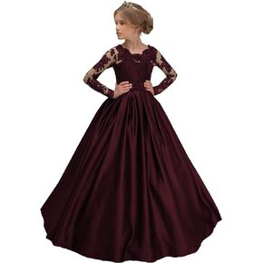Junguan Girls' Long Sleeves Pageant Dresses Lace Aline Princess Prom Dress Formal Ball Gowns with Pockets TF006