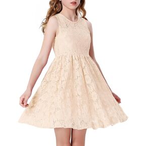 Girls Lace Dress Wedding Flower Girl Dresses Floral Flowy Sleeveless Crew Neck A-line Party Elegant Kid for 6-12Y
