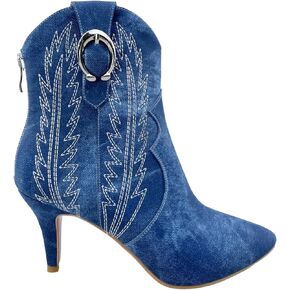 Frankie Hsu Women's Embroidered Western Cowboy Boots Ankle High Stitching Blue Denim Almond Medium Heeled Kitten Heel Fashion Retro Silver U-Shaped Buckle Classic Wide Ankle Big Size Pull-On Bootie