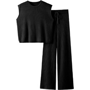 TIQOJE Womens 2 Piece Outfits Sweater Set Sleeveless Knit Pullover Top High Waisted Pants Tracksuits