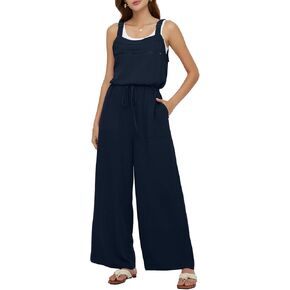 عميق SELF المرأة وزرة الصيف السببية فضفاضة أكمام بذلة قابل للتعديل الأشرطة واسعة الساق مريلة السراويل مع جيوب سستة in Kuwait