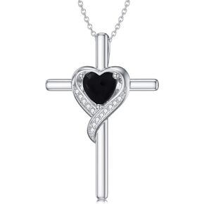 HPQQ 925 Sterling Silver Cross Necklace for Women Dainty Heart Gemstone Cross Pendant Necklace Fine Jewelry Anniversary Birthday Holiday Gifts for Her Girls Mom Wife