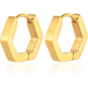 BIYONGDE Gold Color Small Hexagon Huggie Hinged Hoop Earrings Stainless Steel Men Women Minimalist Fashion Cool