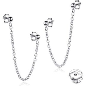 ANDPAI Personalized Punk Minimalist Double Ball Pierced Chain 925 Sterling Silver Stud Dangle Drop Earrings for Women Men Girls Hypoallergenic Fashion Statement Jewelry