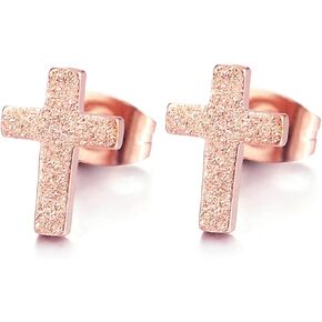 Unisex Mens Womens Rose Gold Satin Cross Stud Earrings of Stainless Steel, Biker, 2 Pcs