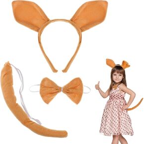 3Pcs Kangaroo Costume Set, Kangaroo Ears Headband, Bow Tie, KangarooTail, Animal Cosplay Accessories Fancy Dress Costume Kit for Kids Birthday Halloween Performance