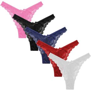 5 Pack Women's Lace Thongs, T Back Low Waist Panties Sexy Seamless V-Shape Design Lace Thongs for Women