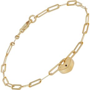 Welry 14K Yellow Gold Paperclip Chain Link Bracelet with Heart Lock, 7.25"
