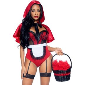 Leg Avenue Women's 3 Pc Naughty Miss Red Riding Hood Costume with Garter Teddy, Apron, Hooded Cape