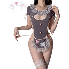 Womens Lace Anime Cosplay Costume One Piece Bodysuit Apron Maid Outfit Lolita Kawaii Fancy Bandage Lingerie