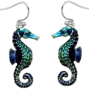 DianaL Boutique Blue Enameled Silvertone Seahorse Earrings Gift Boxed Sea Horse Fashion Jewelry