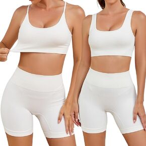 Workout Outfits for Women 3 Piece Seamless Ribbed Crop Tank High Waist Yoga Shorts Sets