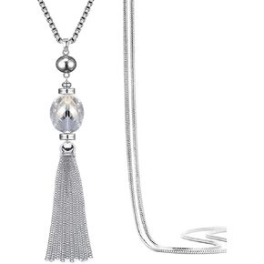 Tassels Long Sweater Chain Necklace Pendant Transparent Crystal Bohemian Style for Women,32+2"