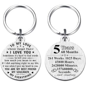 5 Year Anniversary Keychain Gifts, Steel Engraved 5th Wedding Anniversary Keepsake, Happy Five Year Anniversary for Men Husband Women Wife